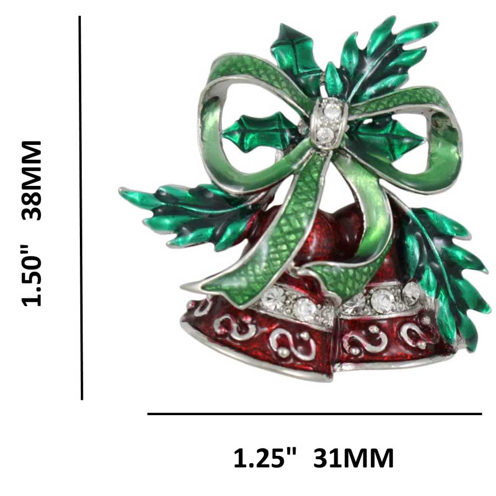 Red Christmas Bells Brooch Pin with Holly and Green Bow with measurements - Lilylin Designs