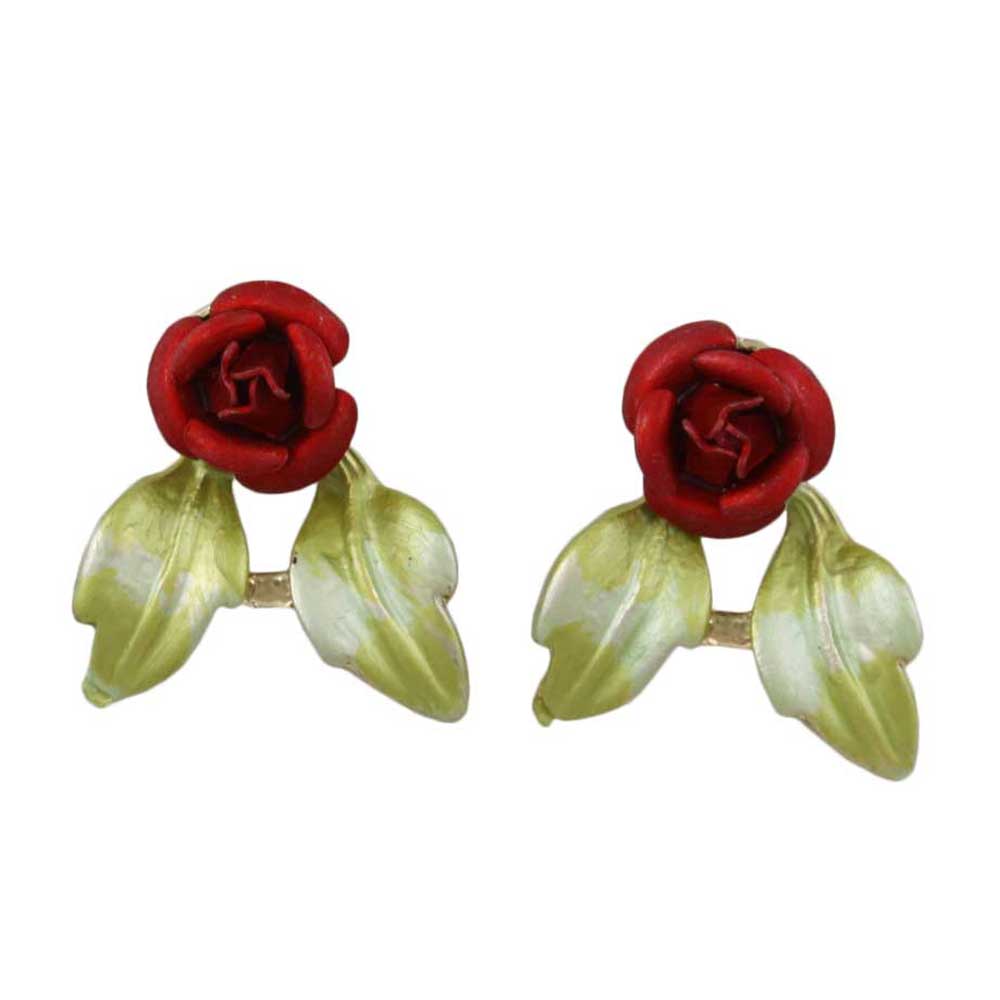 Red Rose with Light Green Leaves Pierced Earring - Lilylin Designs