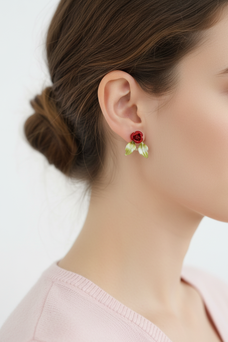 Model wearing red rose with green leaves stud earring - Lilylin Designs