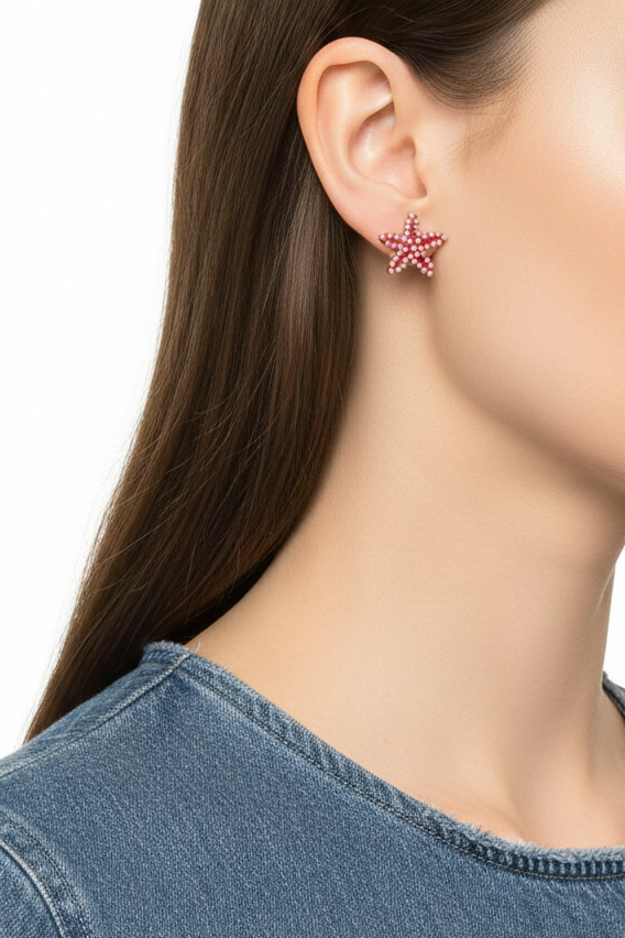 Model wearing red starfish with pink beads stud earring - Lilylin Designs
