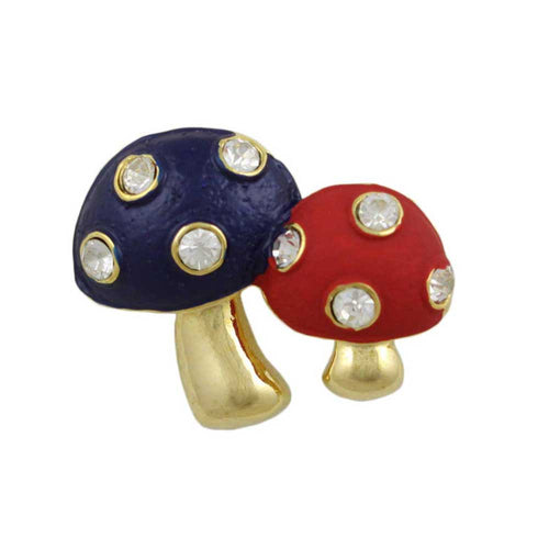 Blue and Red Enamel and Crystals Mushrooms Brooch Pin - Lilylin Designs
