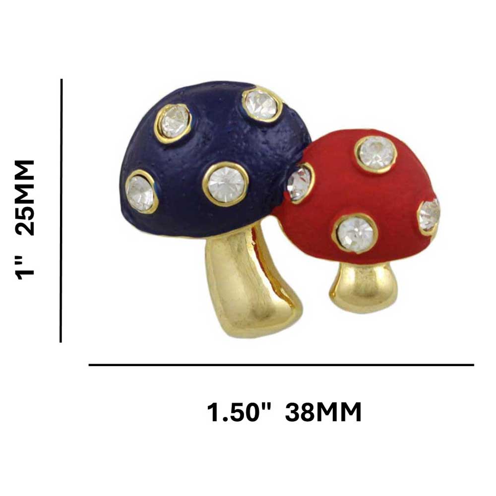 Blue and Red Enamel and Crystals Mushrooms Brooch Pin with measurements - Lilylin Designs