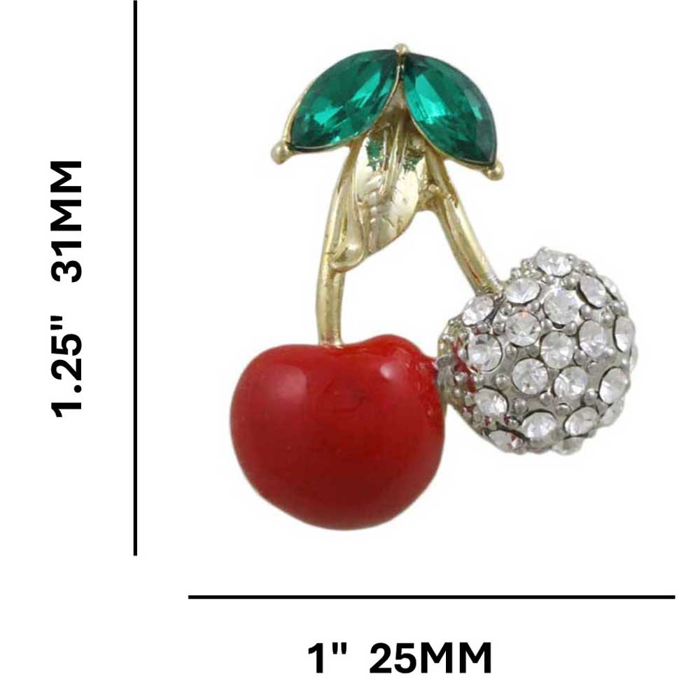 Red Enamel and Crystals Cherries Brooch Pin shown with measurements - Lilylin Designs