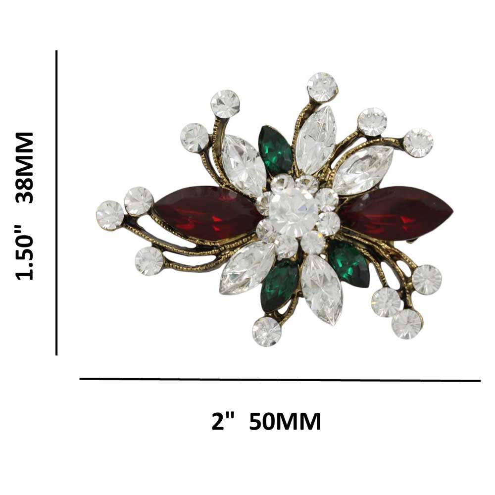 Red Green and Clear Crystals Floral Spray Flower Brooch Pin with measurements - Lilylin Designs
