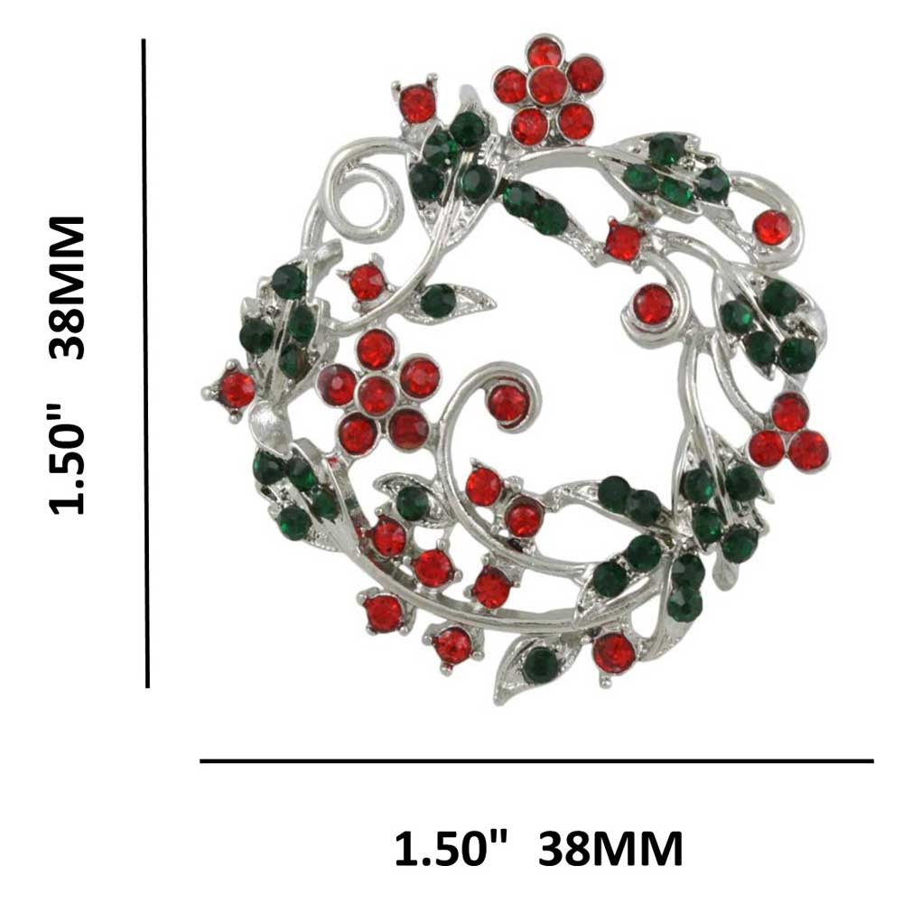 Red and Green Crystal Daisy Christmas Wreath Brooch Pin with measurements | Lilylin Designs