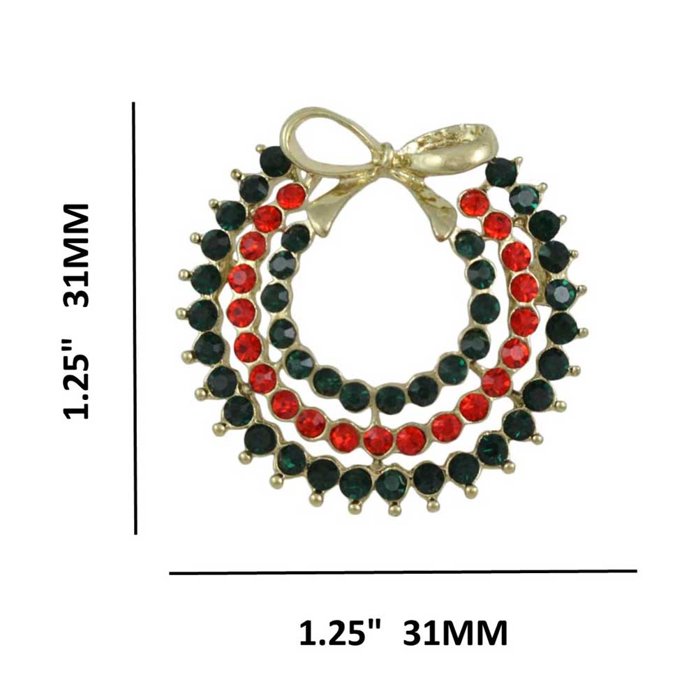 Red and Green Crystal Christmas Wreath Brooch Pin with measurements - Lilylin Designs