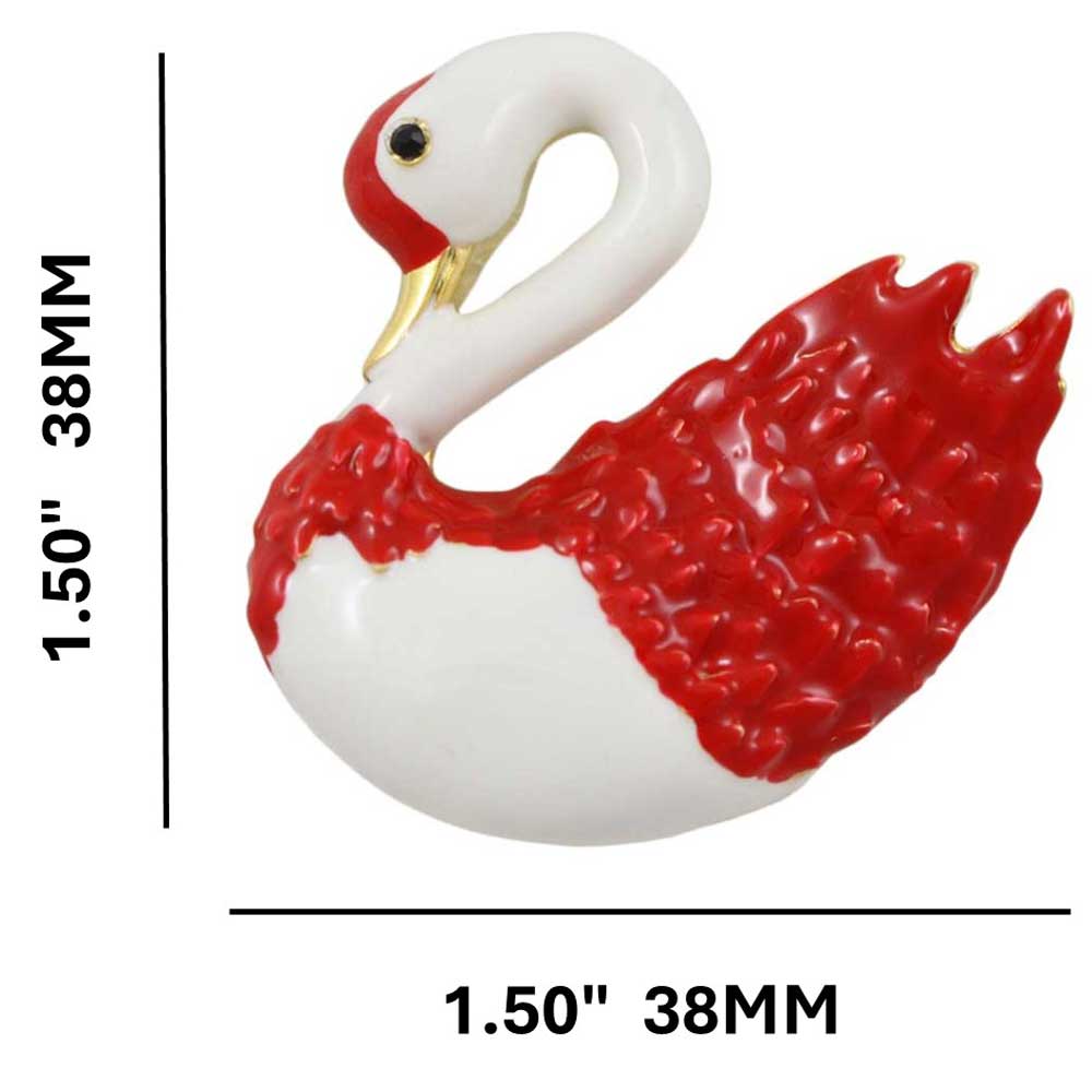 Red and White Enamel Swan Brooch Pin  shown with measurements - Lilylin Designs
