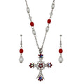 Red beads and white pearl cross necklace with bead earring set - Lilylin Designs