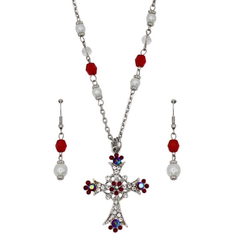 Red beads and white pearl cross necklace with bead earring set - Lilylin Designs
