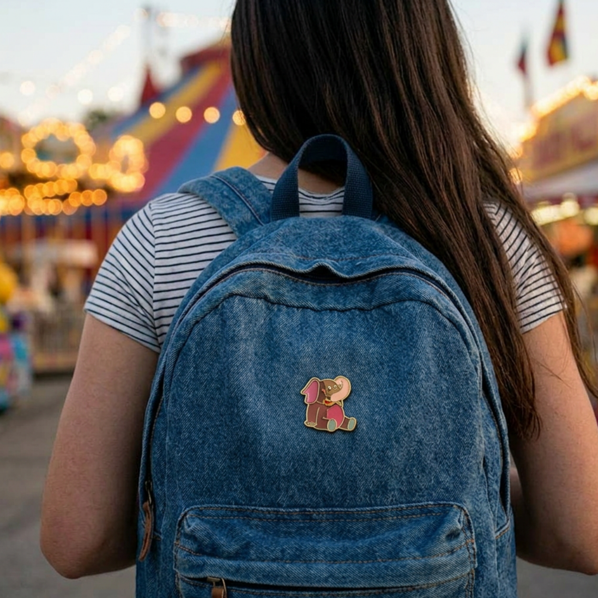 Cloisonne Red Peach and Teal Elephant Brooch Pin on denim backpack - Lilylin Designs