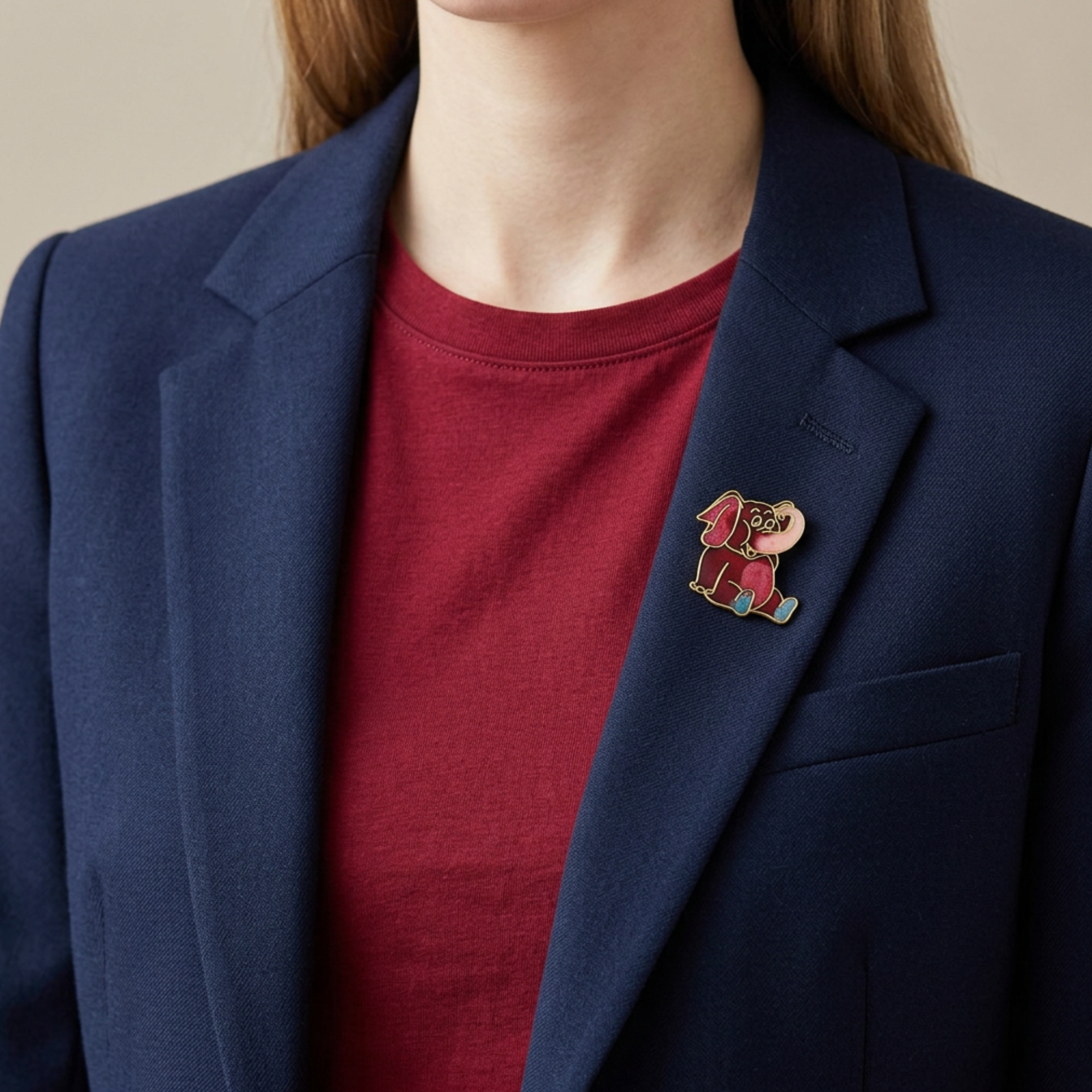 Model wearing Cloisonne Red Peach and Teal Elephant Brooch Pin - Lilylin Designs