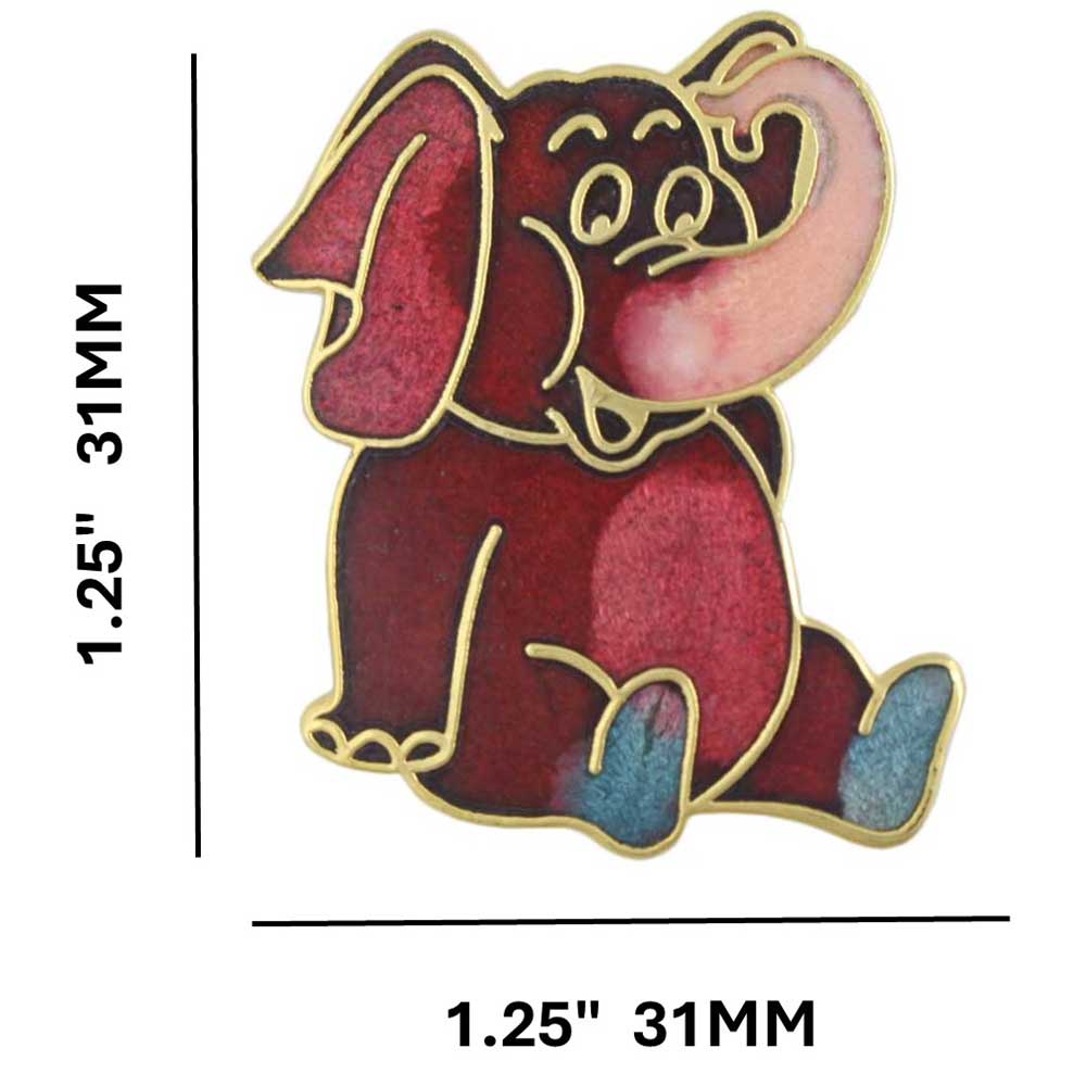 Cloisonne Red Peach and Teal Elephant Brooch Pin with measurements - Lilylin Designs