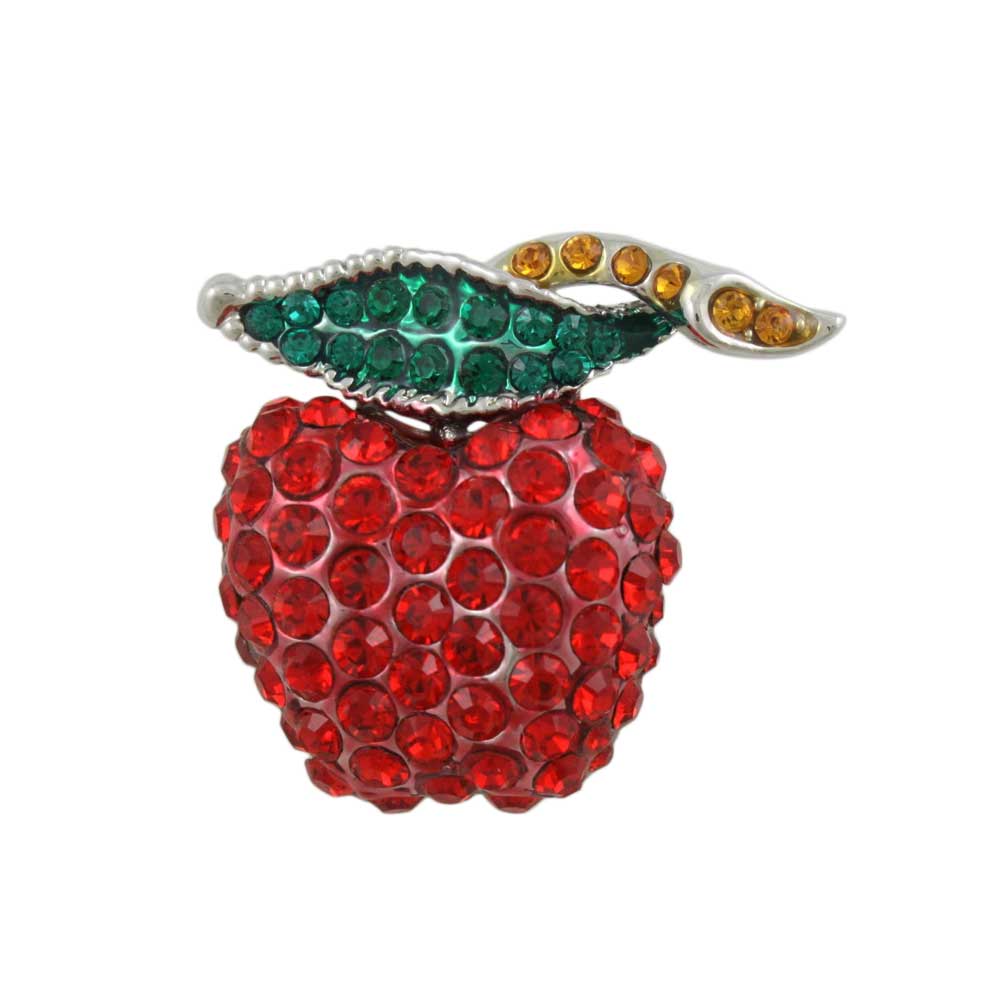 Red Crystal Apple Brooch Pin with Crystal Leaf and Stem - Lilylin Designs
