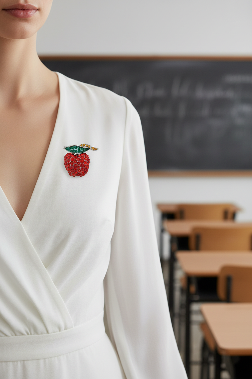 Model wearing red crystal apple pin on a white dress - Lilylin Designs