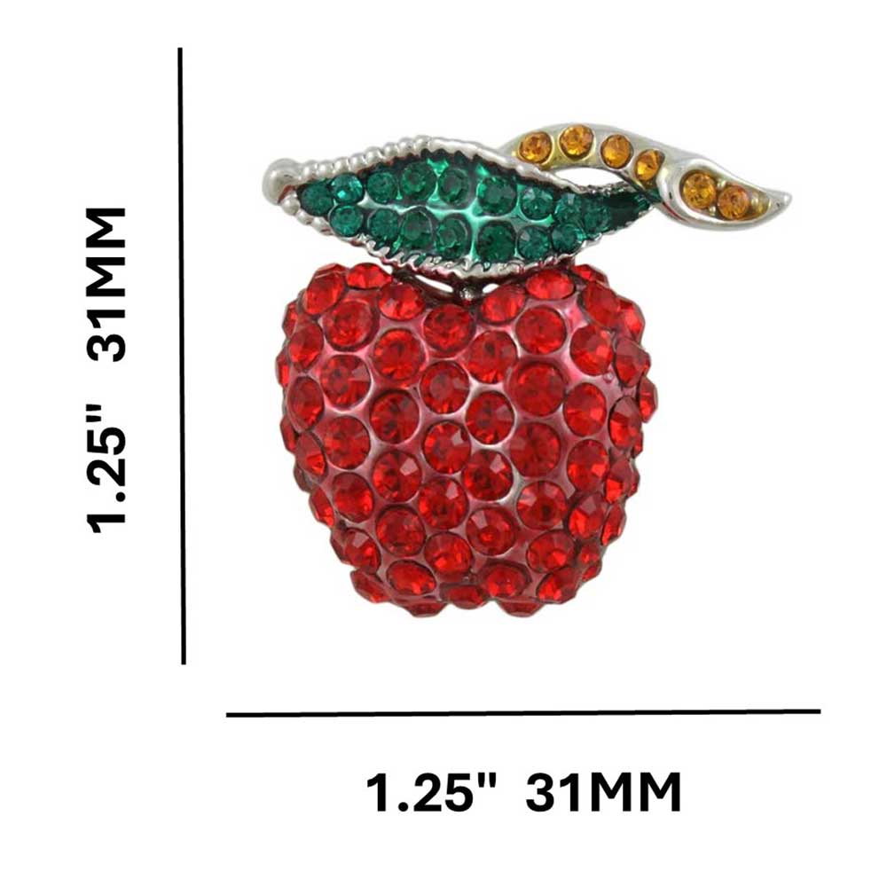 Red Crystal Apple Brooch Pin with Crystal Leaf and Stem with measurements - Lilylin Designs