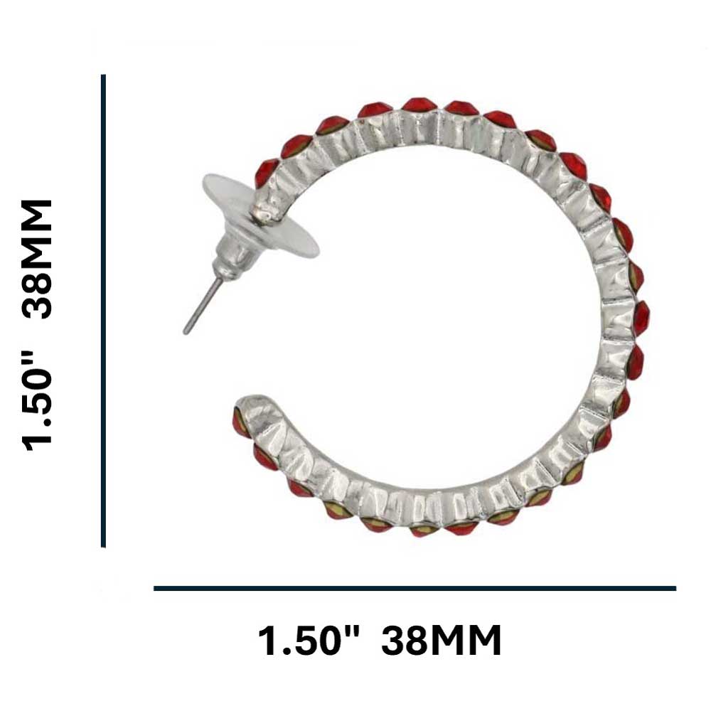 Red crystal hoop earrings shown with measurements - Lilylin Designs