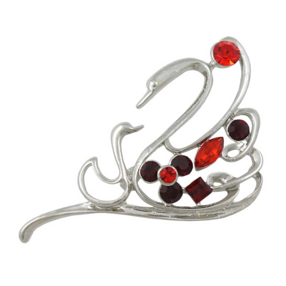 Red Crystals Mom and Baby Swans Brooch Pin - Lilylin Designs