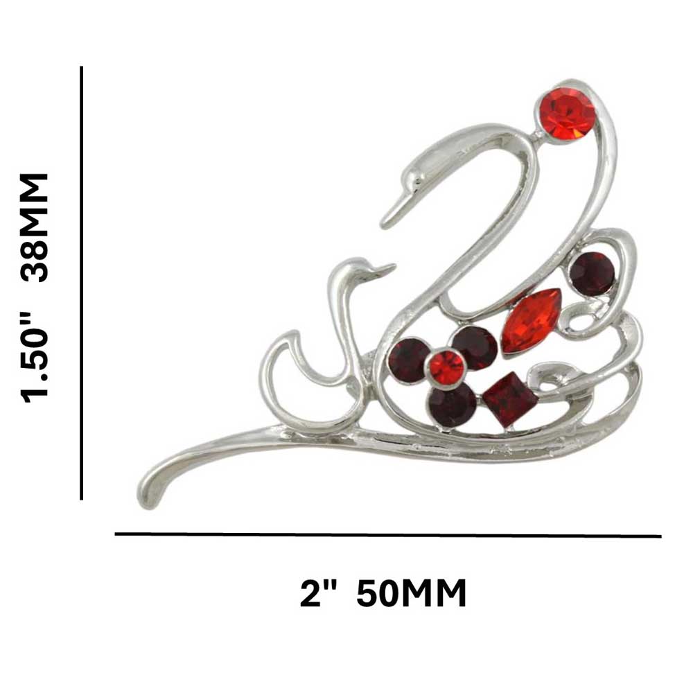 Red Crystals Mom and Baby Swans Brooch Pin shown with measurements - Lilylin Designs