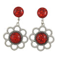 Pair of earrings with glittery red resin and silver floral daisy on a white background - Lilylin Designs