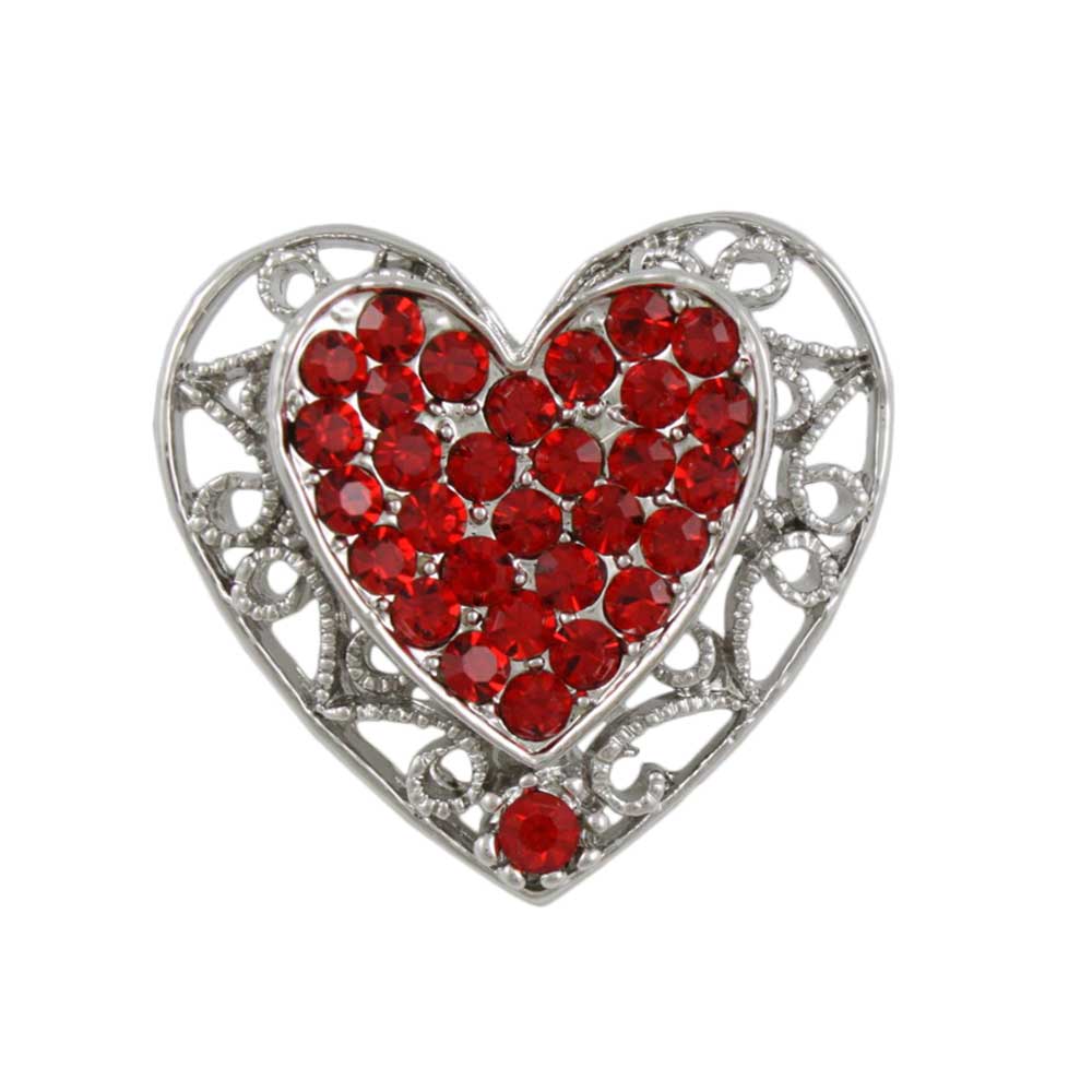 Silver Filigree Heart with Red Crystals Brooch Pin - Lilylin Designs