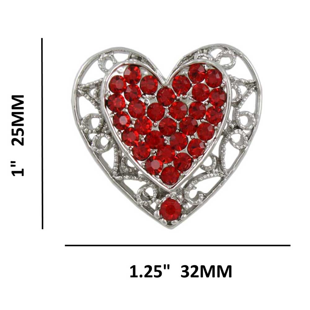 Silver Filigree Heart with Red Crystals Brooch Pin with measurements - Lilylin Designs