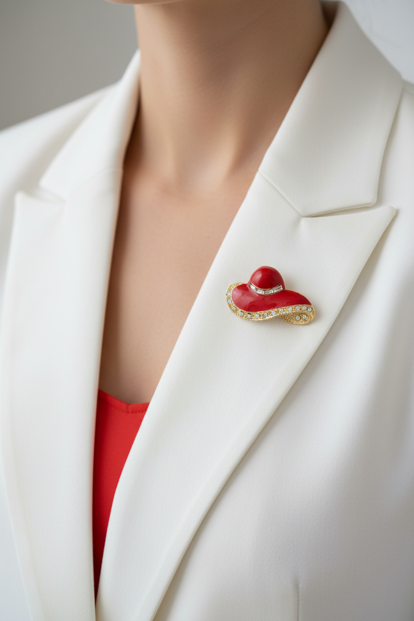 Model wearing a red enamel lady's hat pin on a white jacket - Lilylin Designs