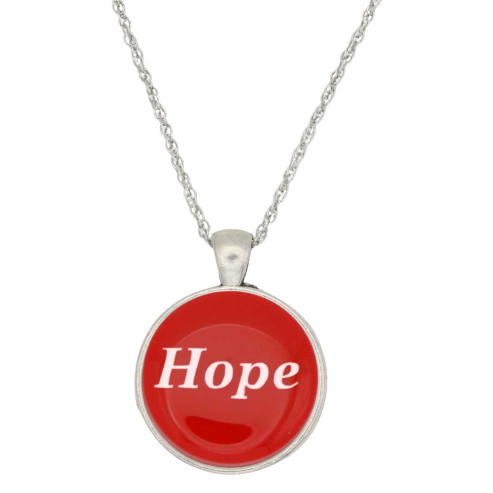 A silver chain necklace with a round pendant featuring a vibrant red background and the word 'Hope' written in white serif font, shown against a plain white background - Lilylin Designs
