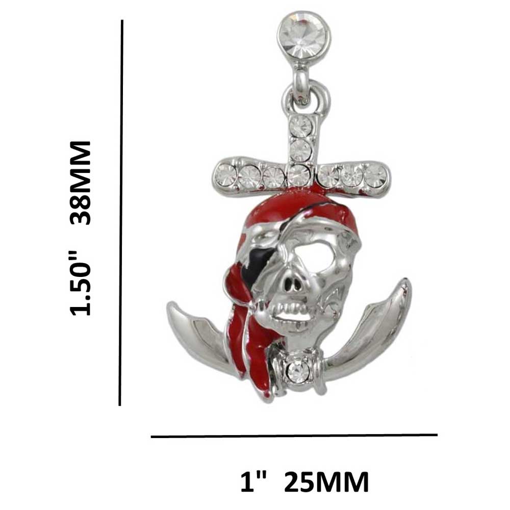 Red Enamel and Crystal Pirate Skull Pierced Earring with measurements - Lilylin Designs
