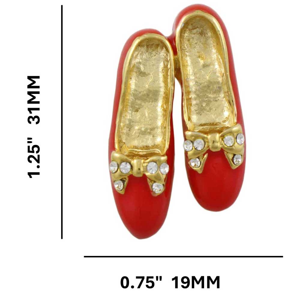 Red Pair of Tap Shoes Brooch Pin with Crystal Bow with measurements - Lilylin Designs