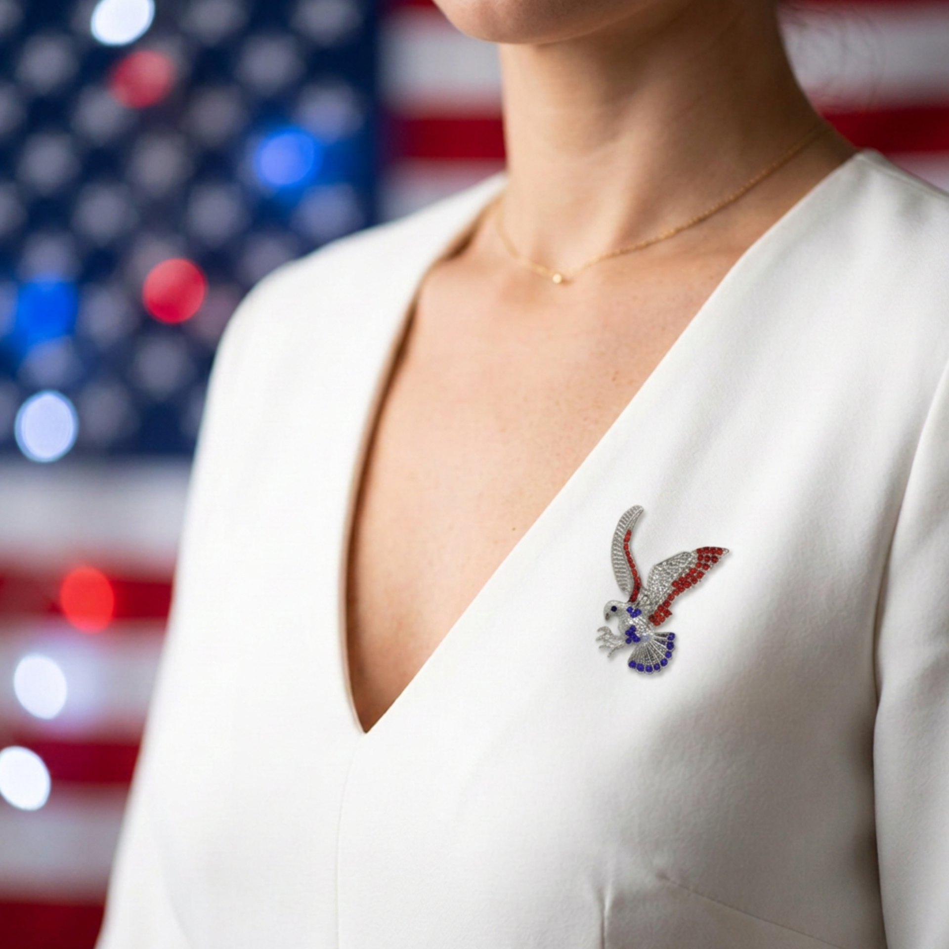 Model wearing Red white and blue patriotic eagle brooch pin - Lilylin Designs