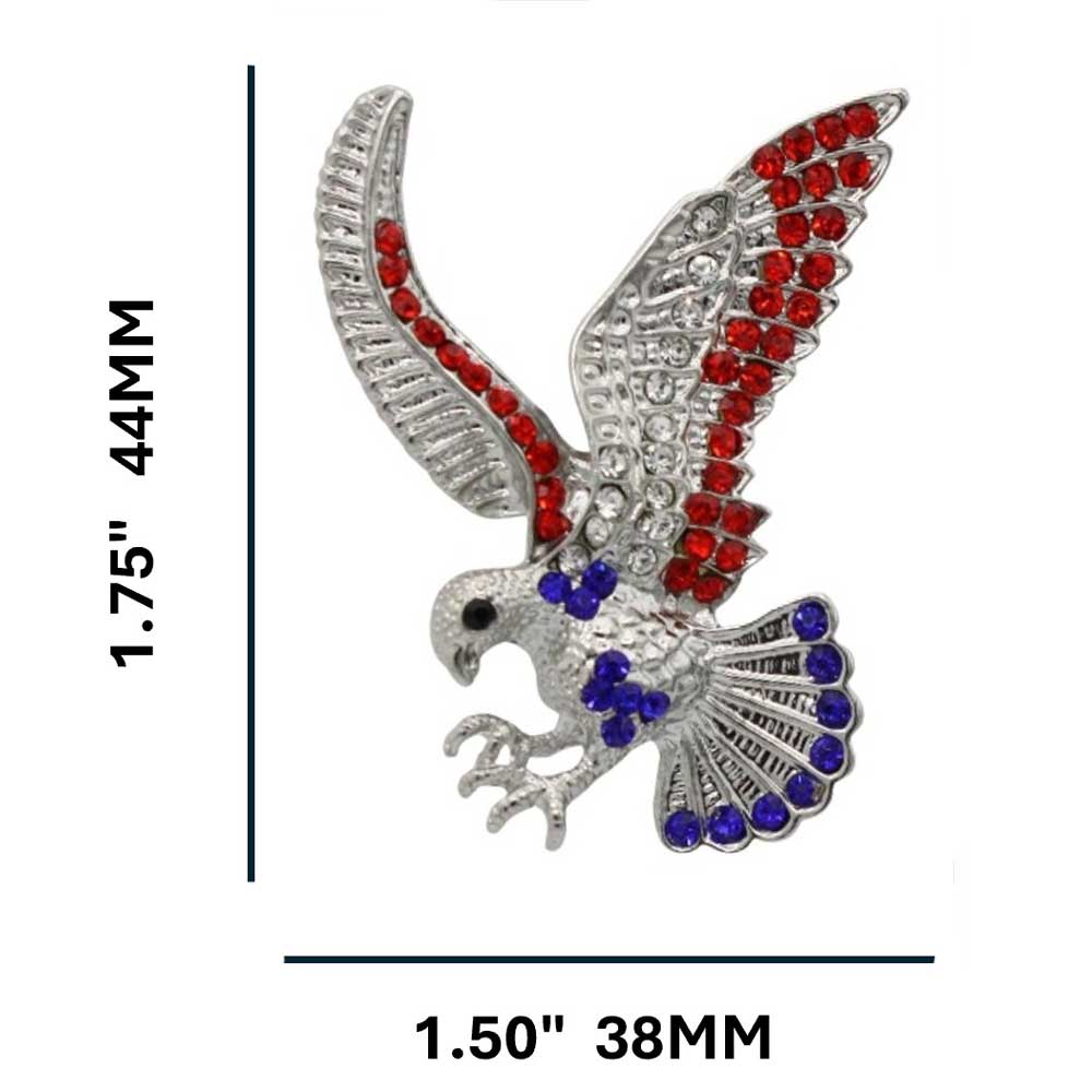 Red white blue crystal patriotic eagle brooch pin with measurements - Lilylin Designs