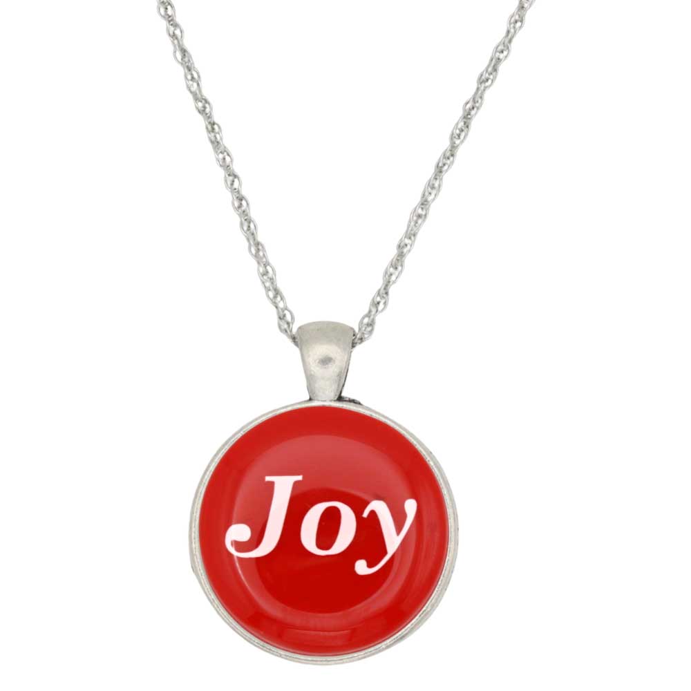 A silver chain necklace with a round pendant featuring a vibrant red background and the word 'Joy' written in white script, set against a plain white background - Lilylin Designs