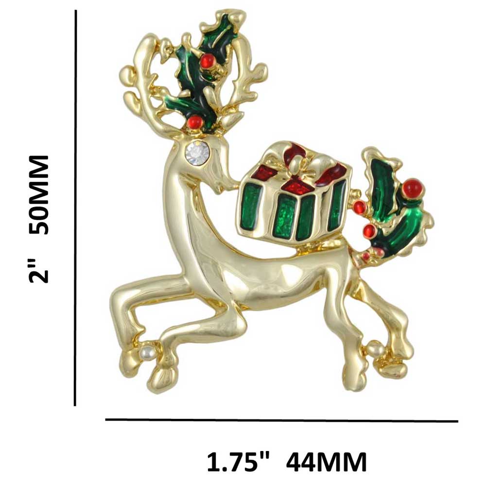 Gold Reindeer with Christmas Presents Brooch Pin with measurements - Lilylin Designs
