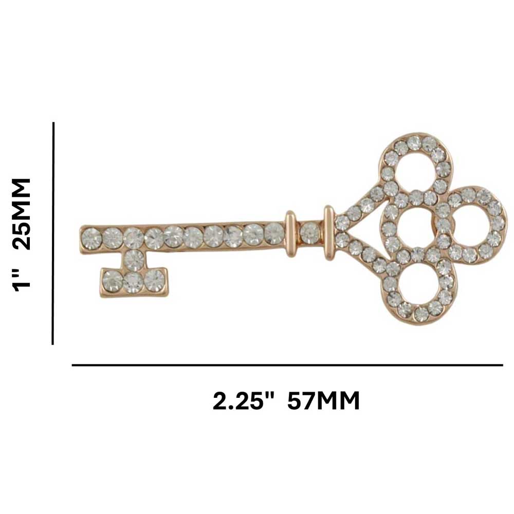 Crystal Rose Gold Key Brooch Pin with measurements - Lilylin Designs