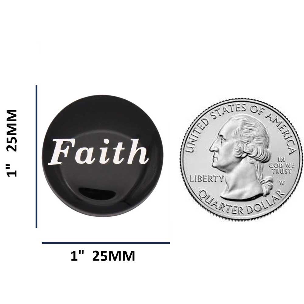 Round black with white "Faith" magnet with measurements and US Quarter for comparison size - Lilylin Designs