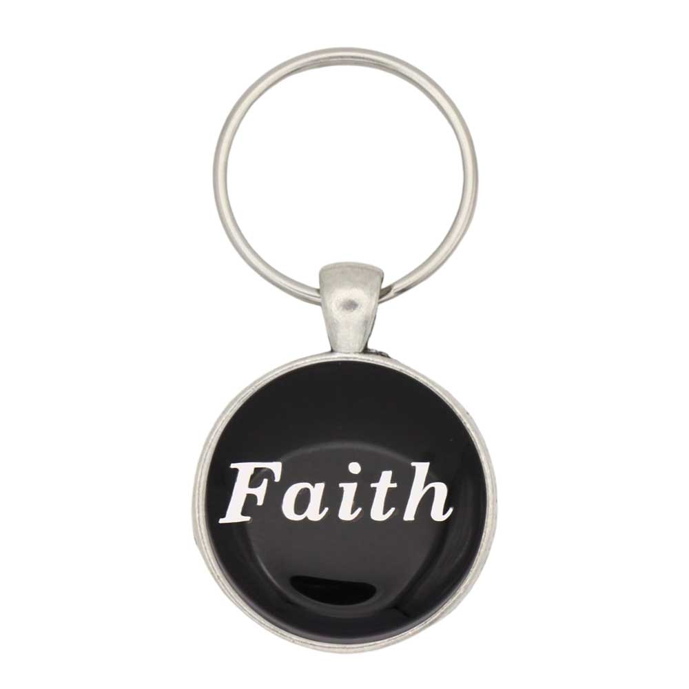 Round black with Faith printed in white keychain and bag charm - Lilylin Designs