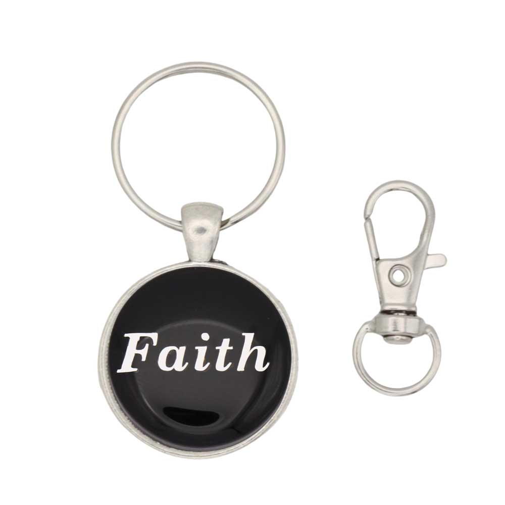 Round black with Faith printed in white keychain and bag charm with hook - Lilylin Designs