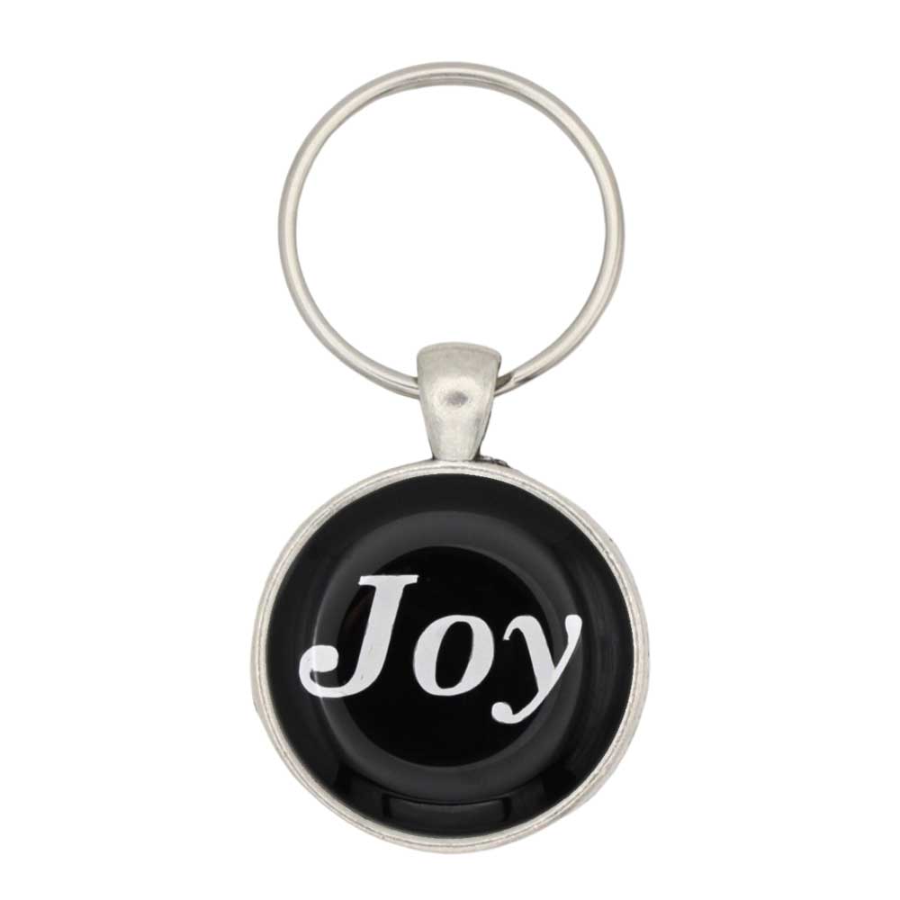 Round black disc with Joy in white keychain and bag charm - Lilylin Designs
