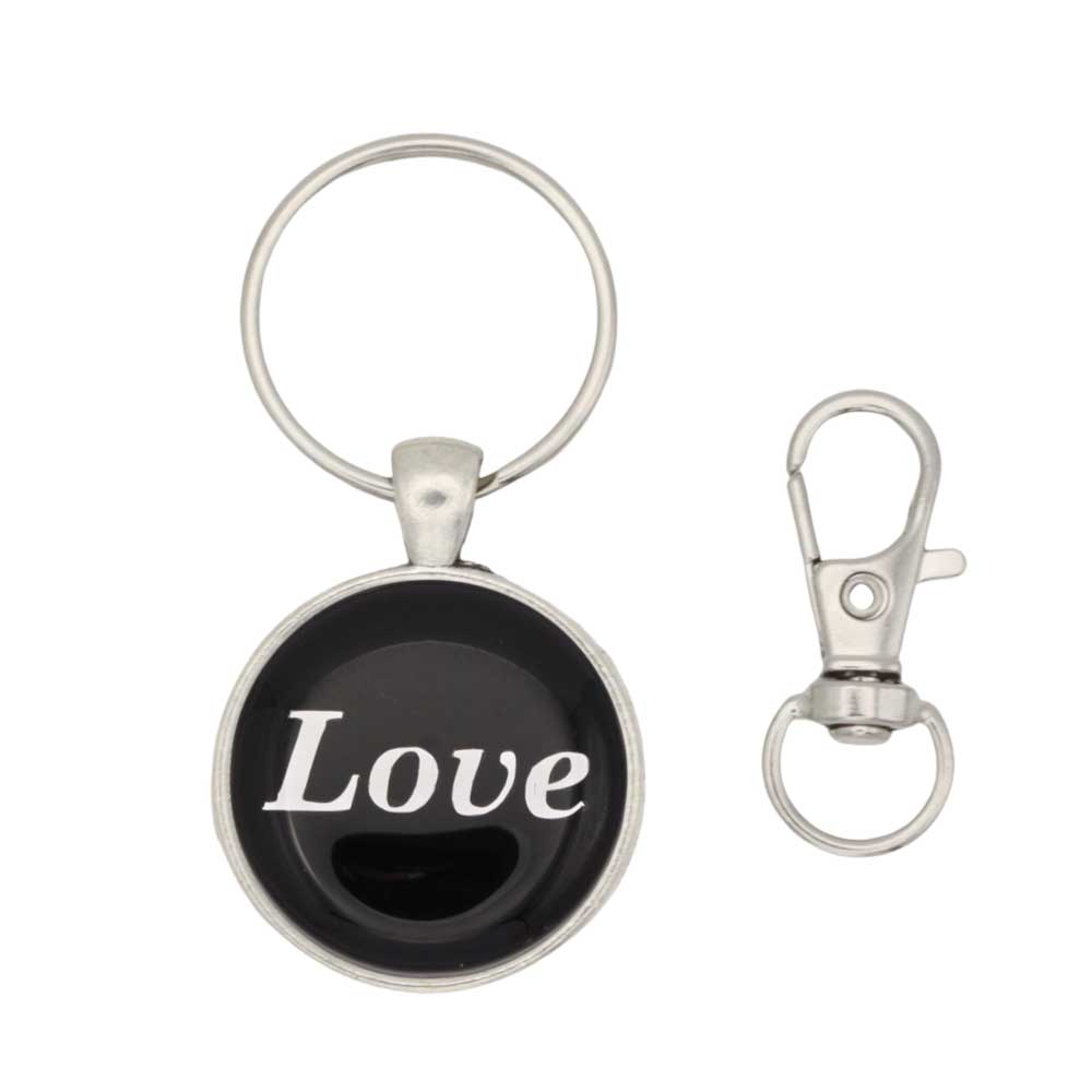 Black disc with Love in white print keychain bag charm and free hook - Lilylin Designs