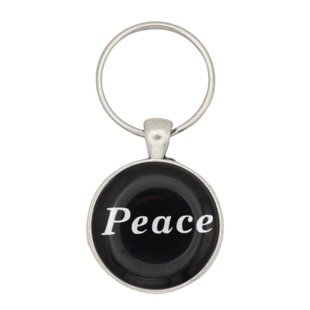 Round black disc with Peace in white keychain and bag charm - Lilylin Designs