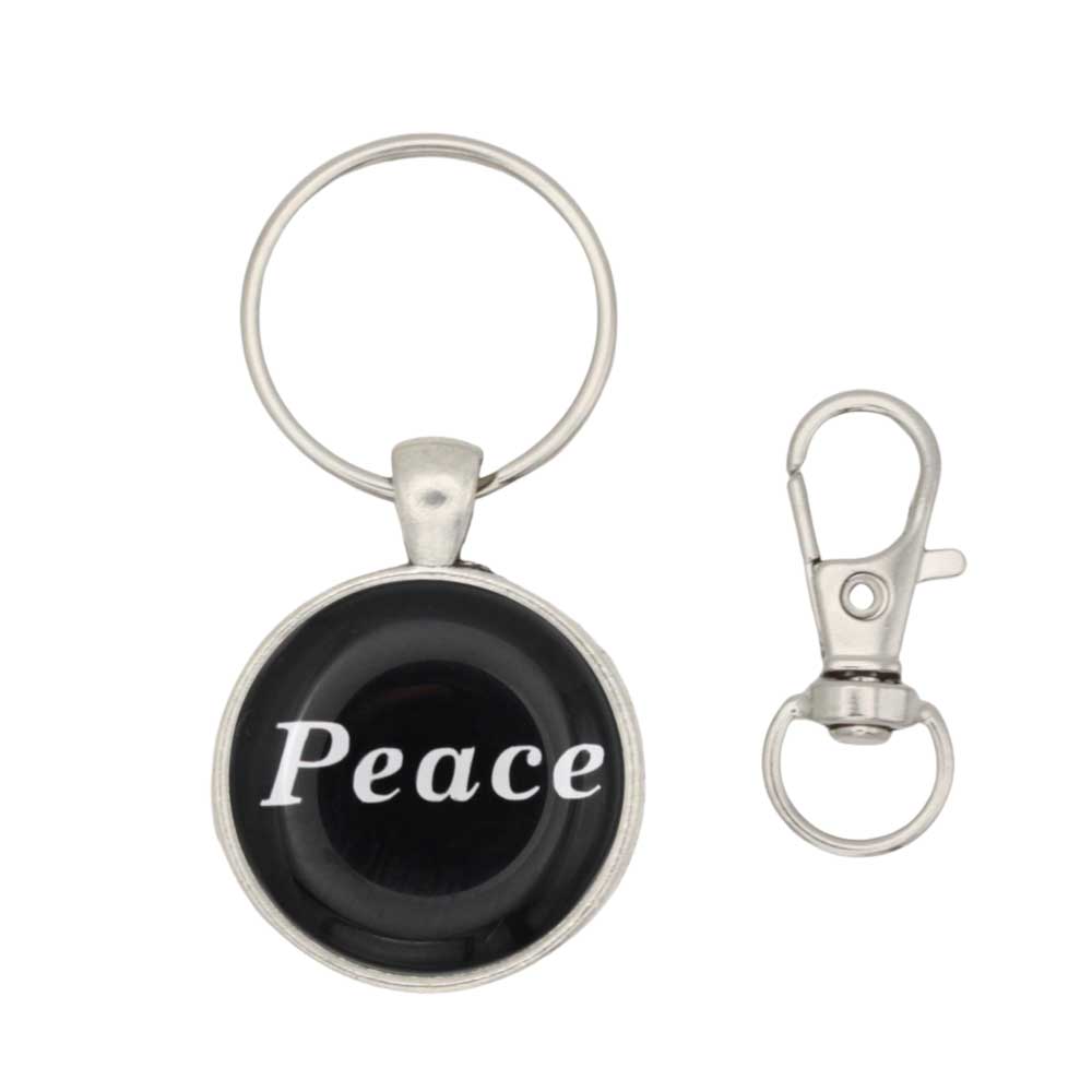 Round black disc with Peace in white keychain and bag charm with hook - Lilylin Designs