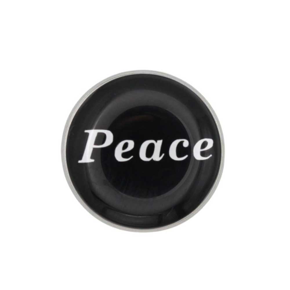 Round black inspirational pin with Peace in white - Lilylin Designs