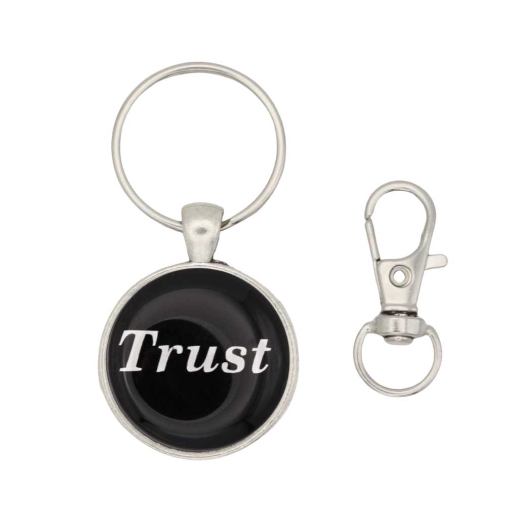 Round black disc with Trust in white keychain and bag charm with hook - Lilylin Designs