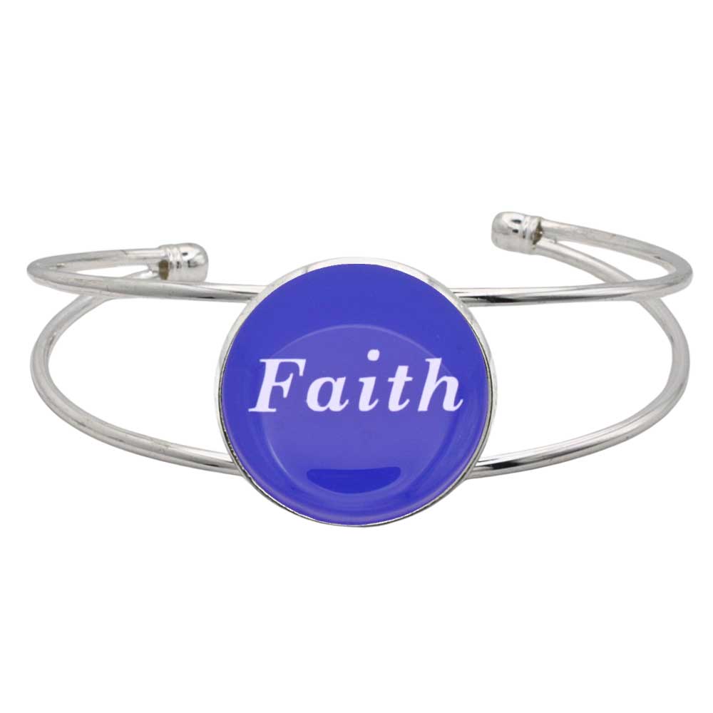 A silver-toned metal cuff bracelet featuring a round blue disc with the word 'Faith' printed in white script, shown on a plain white background – Lilylin Designs