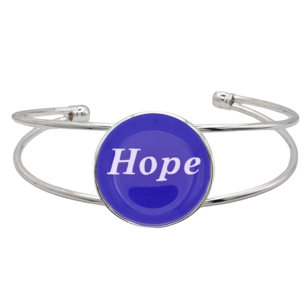 A silver-toned metal cuff bracelet featuring a round blue disc with the word 'Hope' printed in white script, shown on a plain white background – Lilylin Designs