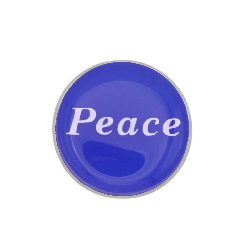 Round blue inspirational pin with Peace in white - Lilylin Designs