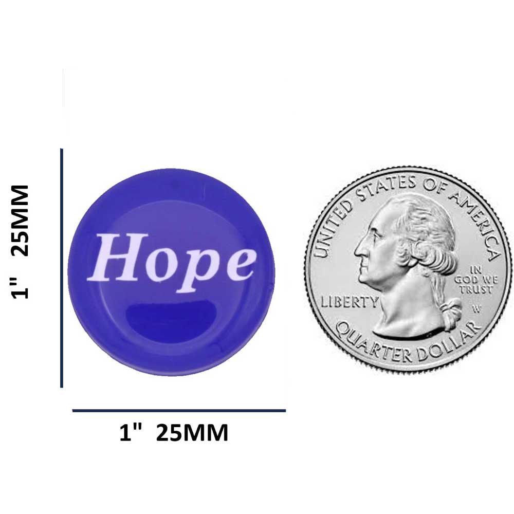 Round blue with white "Hope" magnet with measurements and US Quarter for comparison size - Lilylin Designs