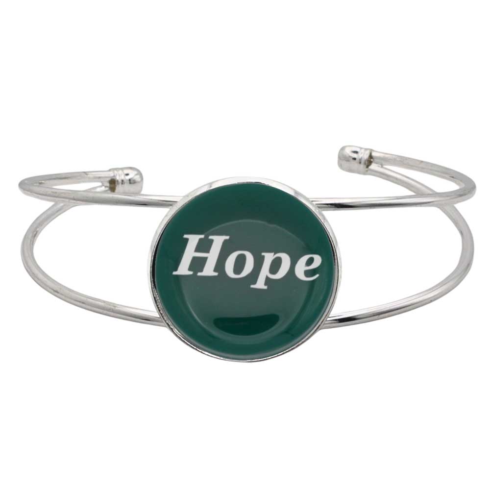 A silver-toned metal cuff bracelet featuring a round green disc with the word 'Hope' printed in white script, shown on a plain white background – Lilylin Designs