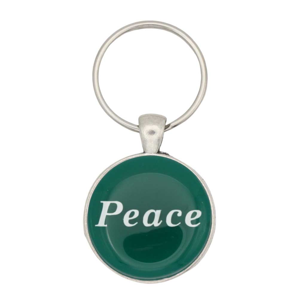 Round green disc with Peace in white keychain and bag charm - Lilylin Designs