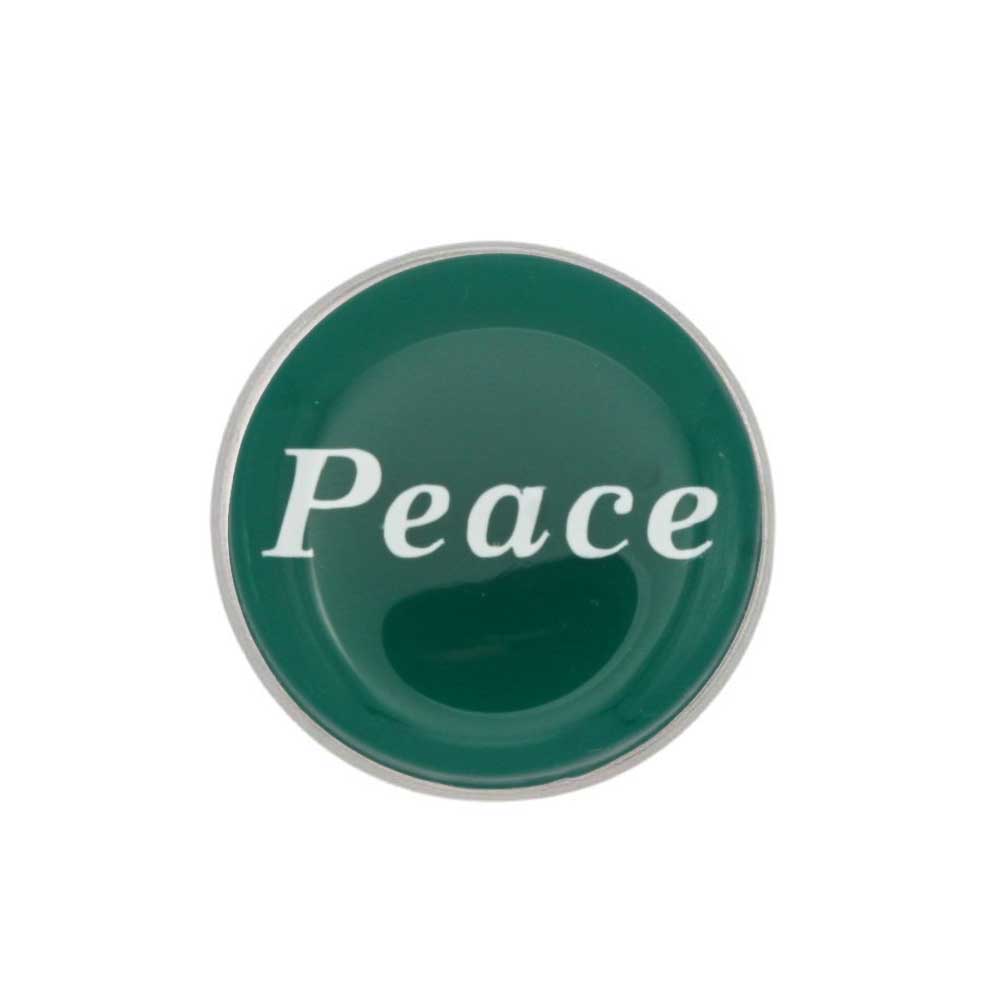 Round green inspirational pin with Peace in white - Lilylin Designs